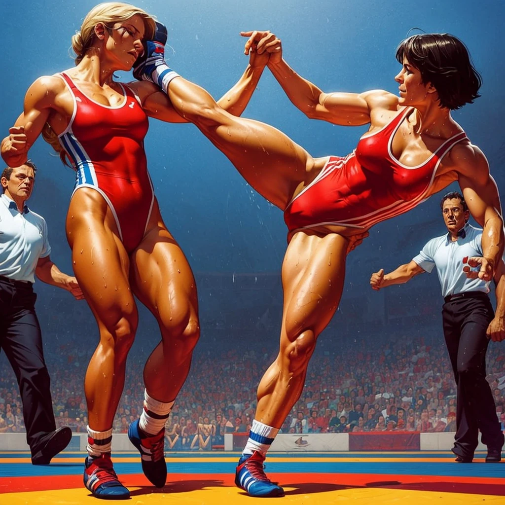 Womens freestyle wrestling, one piece swimsuits, wet sweaty bodies, European faces