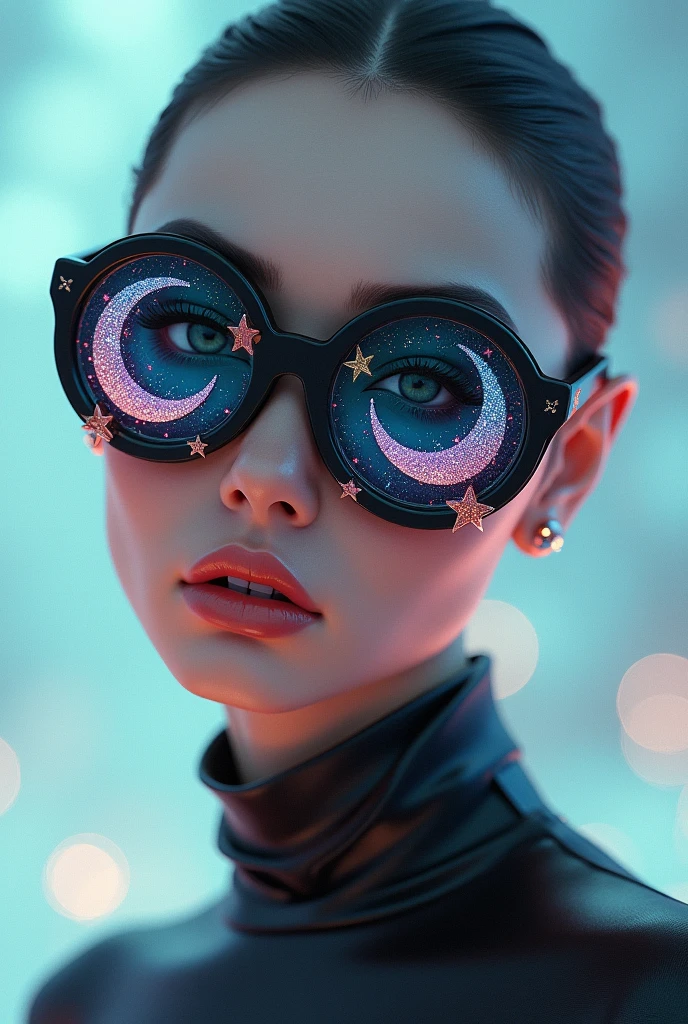 The model is wearing glass sunglasses with stars and the moon on the glass