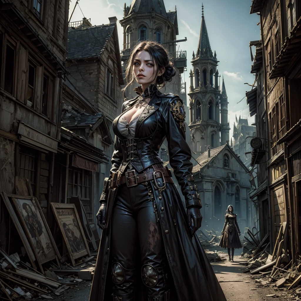 an undead woman in a steampunk uniform in the foreground near the obcietive searches a street of a semi-abandoned gothic village, next to her some grotesque and surreal undead characters