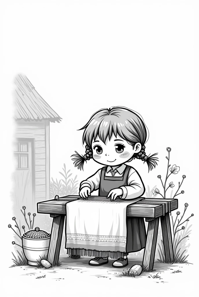 A peasant girl weaving on a loom is a cartoon coloring page .
The girl must be from the countryside with braids
The image must be in black and white