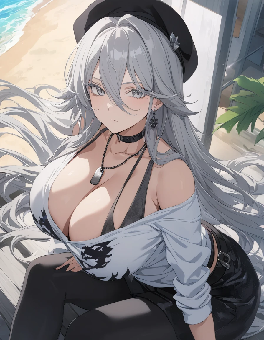 sovetsky_Soyuz, grey hair, long hair, black dragon shirt, unbuttoned, earrings, black mini skirt, sun glasses, black beret, choker, dog tag necklace, belt, accessories, long sleeves, shoulder cutout, leggings, Cleavage, large breasts, first rate breasts, busty, grey eyes, sharp eyes, Long eyelashes, symmetrical eyes, eye shadow, ominous vibe, expressionless, stoic, relaxing, Ultra quality, UHD, high detail, anime aesthetic, Anime screenshot, Ultra quality, UHD, high detail. Vacation, leaning back, balcony, beach background, arms crossed