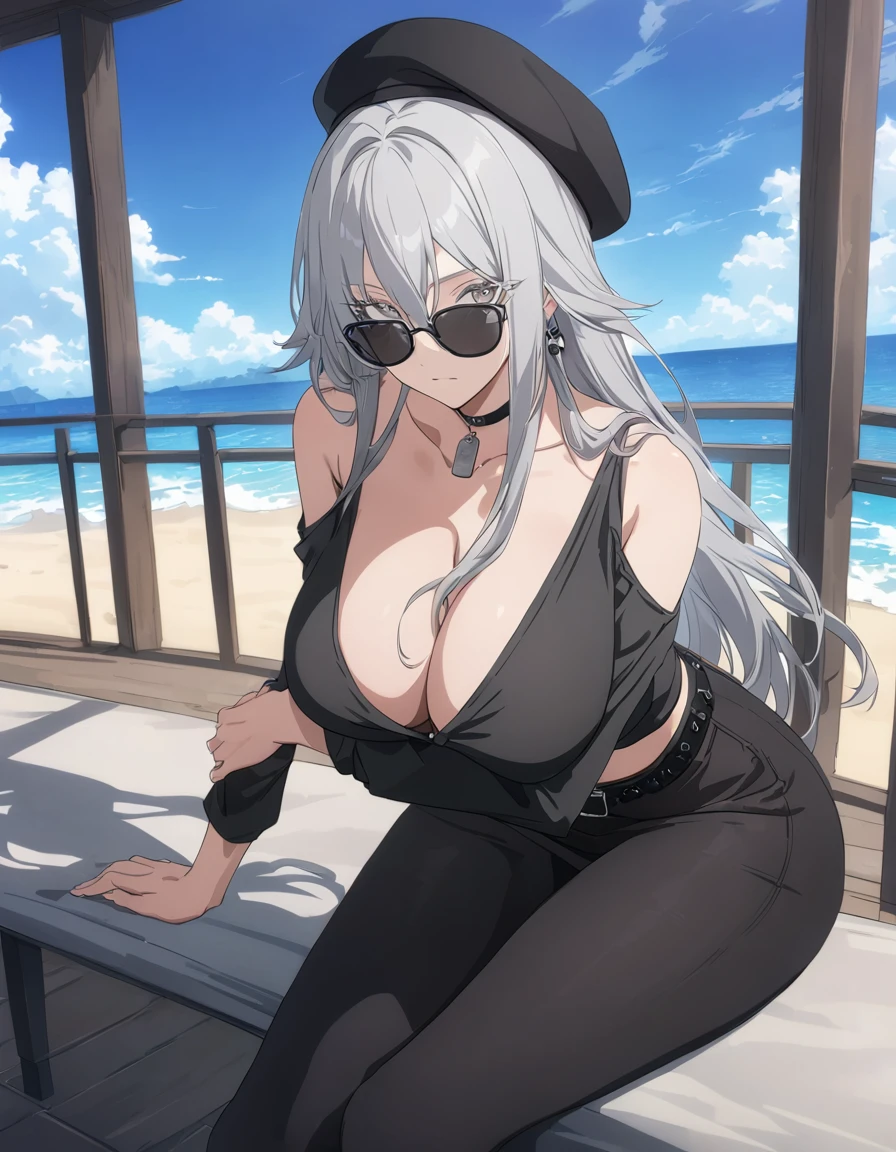 sovetsky_Soyuz, grey hair, long hair, black dragon shirt, unbuttoned, earrings, black mini skirt, sun glasses, black beret, choker, dog tag necklace, belt, accessories, long sleeves, shoulder cutout, leggings, Cleavage, large breasts, first rate breasts, busty, grey eyes, sharp eyes, Long eyelashes, symmetrical eyes, eye shadow, ominous vibe, expressionless, stoic, relaxing, Ultra quality, UHD, high detail, anime aesthetic, Anime screenshot, Ultra quality, UHD, high detail. Vacation, leaning back, balcony, beach background, arms crossed