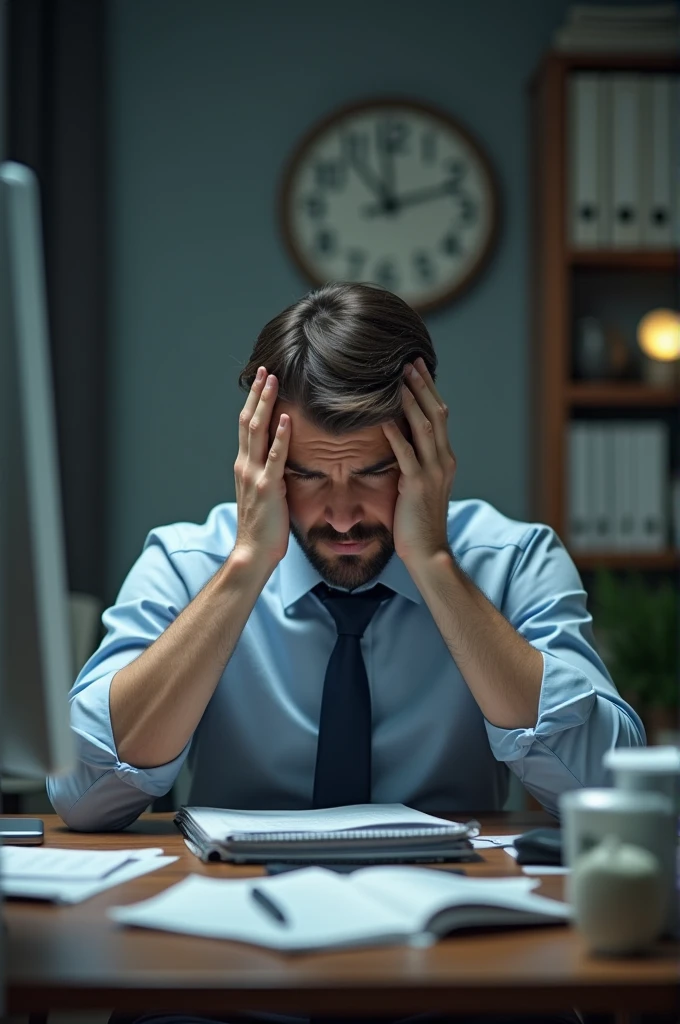 Man feeling anxious at home office, working on his computer and holding his head in his hands.