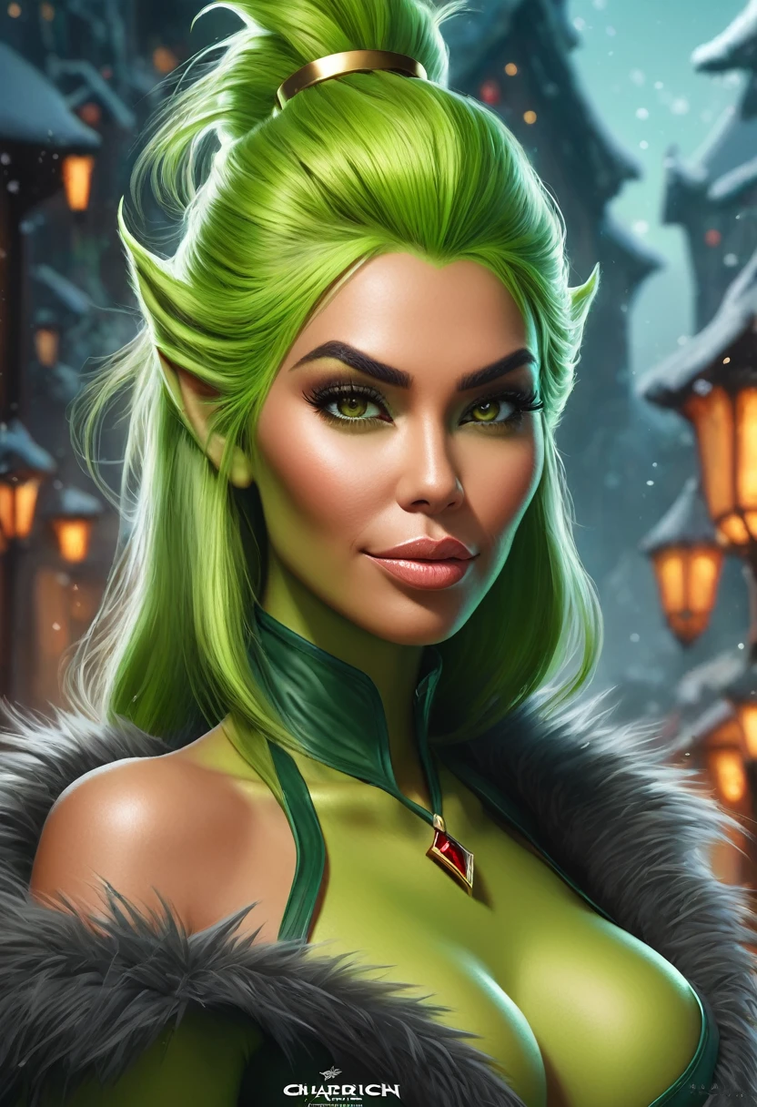 Anthropomorphic female grinch mage. Official Art – Charecter profile. An Award-Winning Digital Masterpiece In 4K Ultra HD, Extreme Detail And Intricate Realism. Symmetrical Face. This Concept Art Brought To Life By The Hands Of Artists Like Wlop & Artgerm In A Stunning 2D Vector Illustration.Background Is A Panoramic Vista. Kim Kardashian