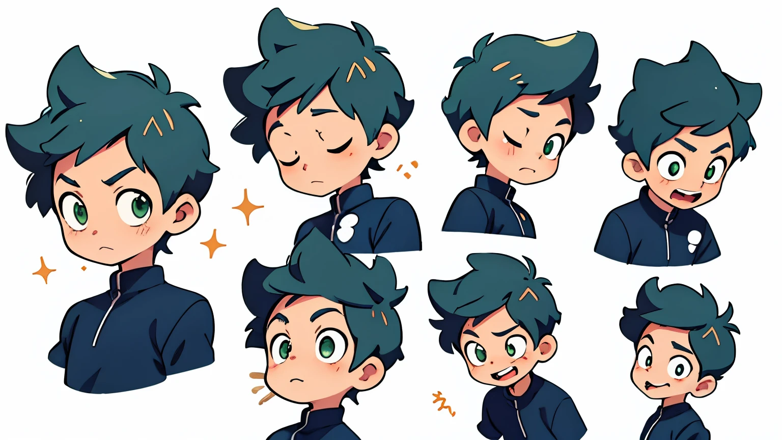 Asian boy , different moods, Close your eyes, Comic book style, Smooth lines, Blue short-sleeved shirt with a mark., Short green hair, green eyes, Anime style, Expressive expression, white background, cartoon animation, dynamic poses, precise details, 2D style, Special details, 8K Comics