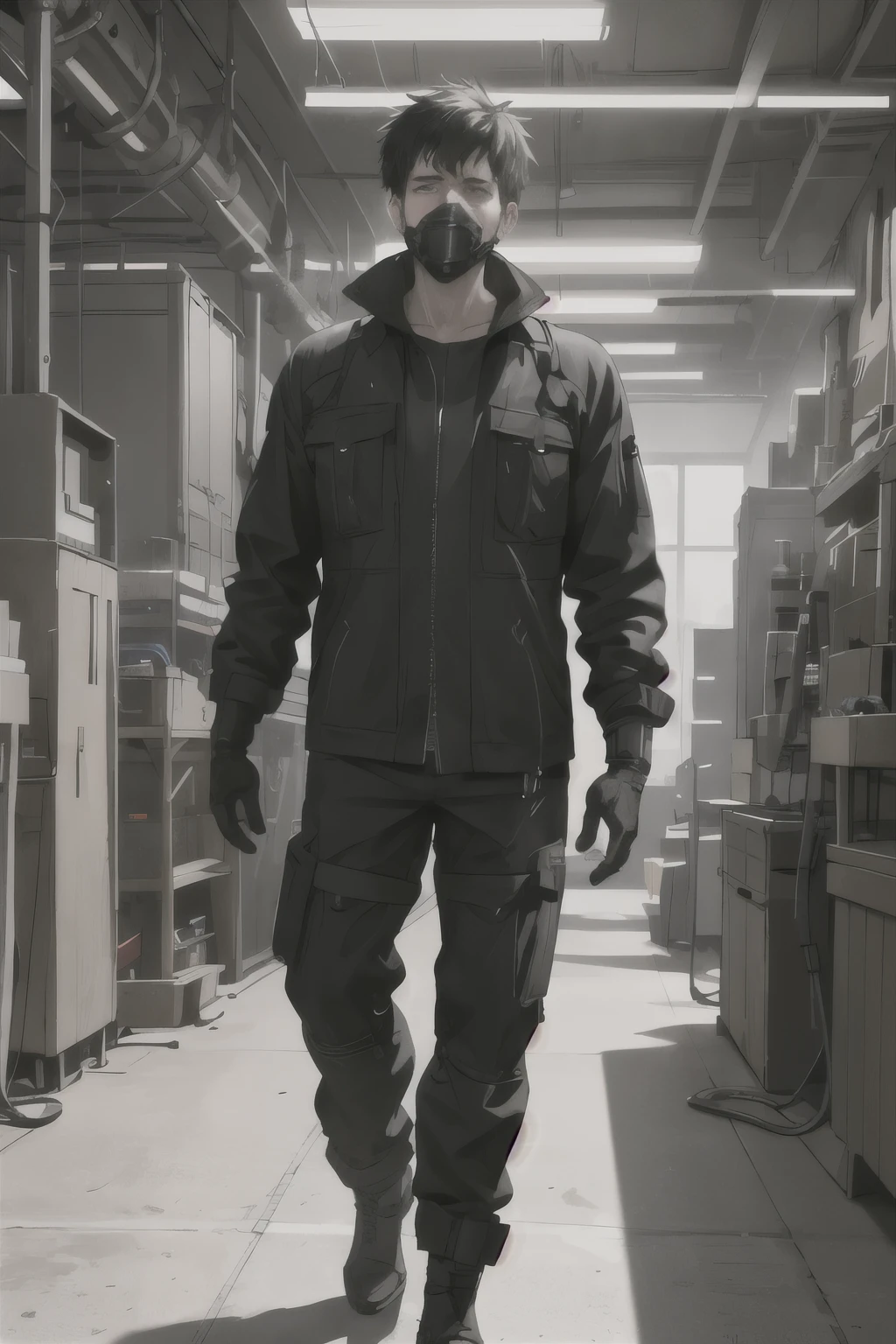 a young man with messy short black hair, dressed as a welder, standing in front of a high-tech factory workbench with screens, (best quality,4k,8k,highres,masterpiece:1.4),ultra-detailed,(realistic,photorealistic,photo-realistic:1.37),industrial, hyper-detailed, hyperrealistic, cinematic lighting, dramatic shadows, intricate machinery, advanced technology, futuristic, industrial chic, moody, dark