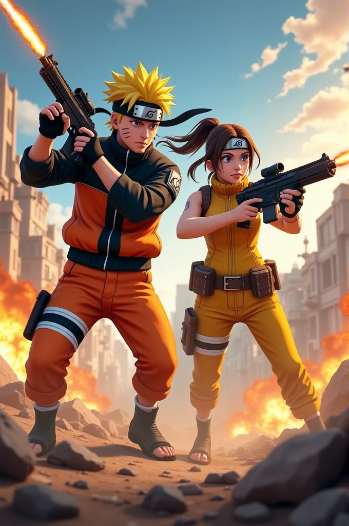 Naruto from the anime Naruto enters the world of Free Fire and meets Kelly from Free Fire wearing yellow clothes with a gun in her hand, and Naruto and Kelly are killing everyone on the map.