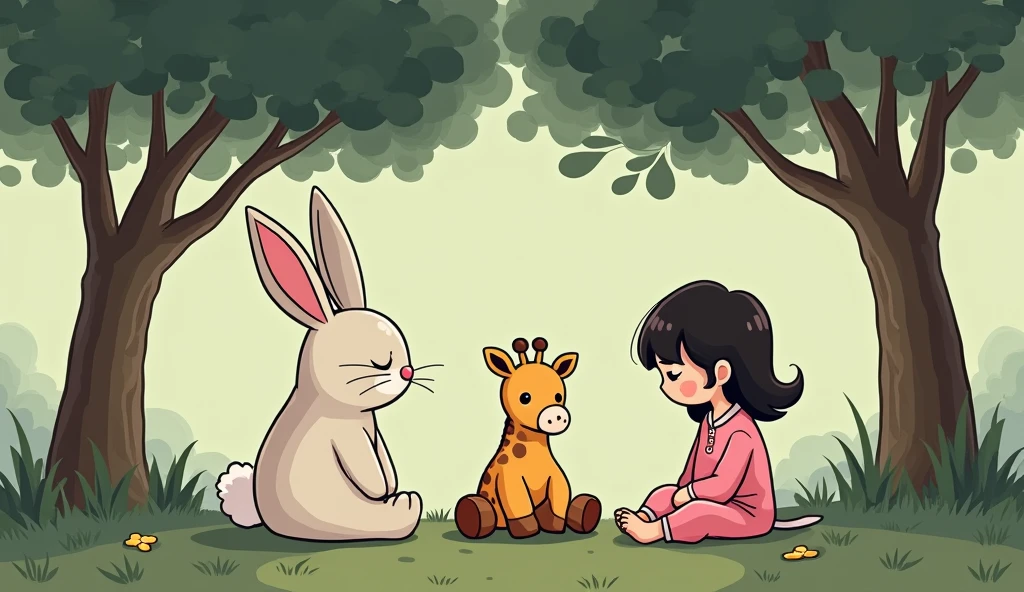 A sad cartoon bunny sits under a tree, Next to him sits a plush giraffe toy and a little cartoon girl in pink pajamas.