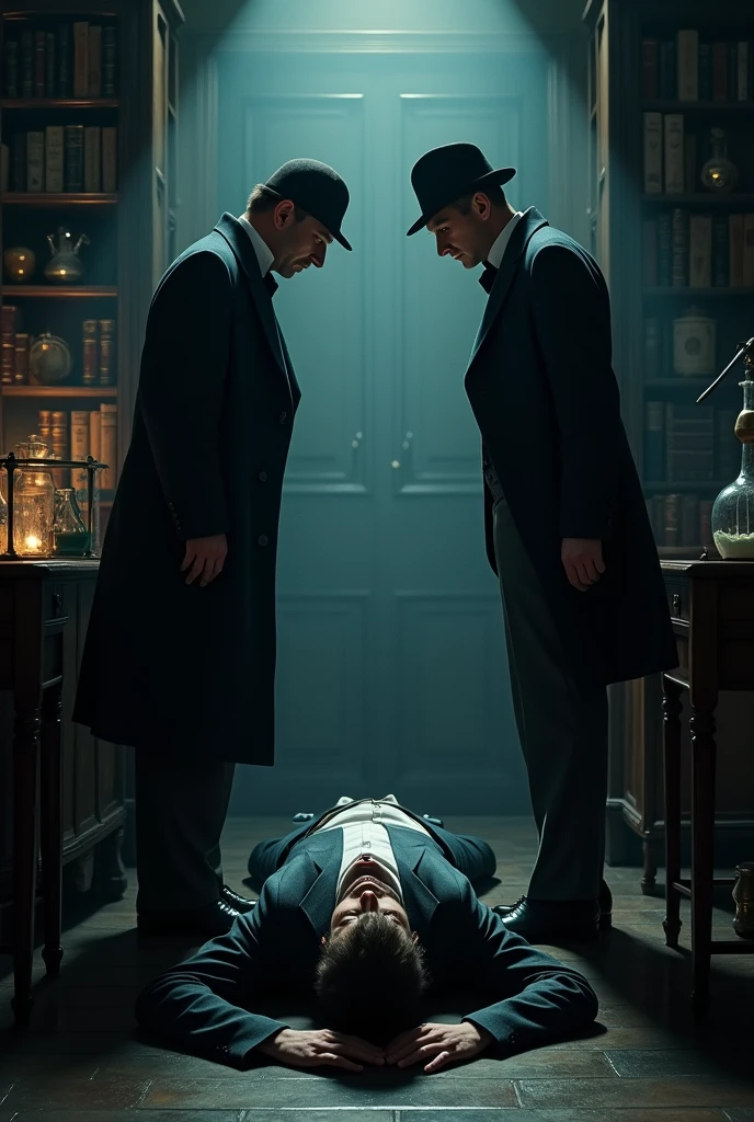 Sherlock Holmes and John Watson are looking at a dead man's body and investigating it., in square format