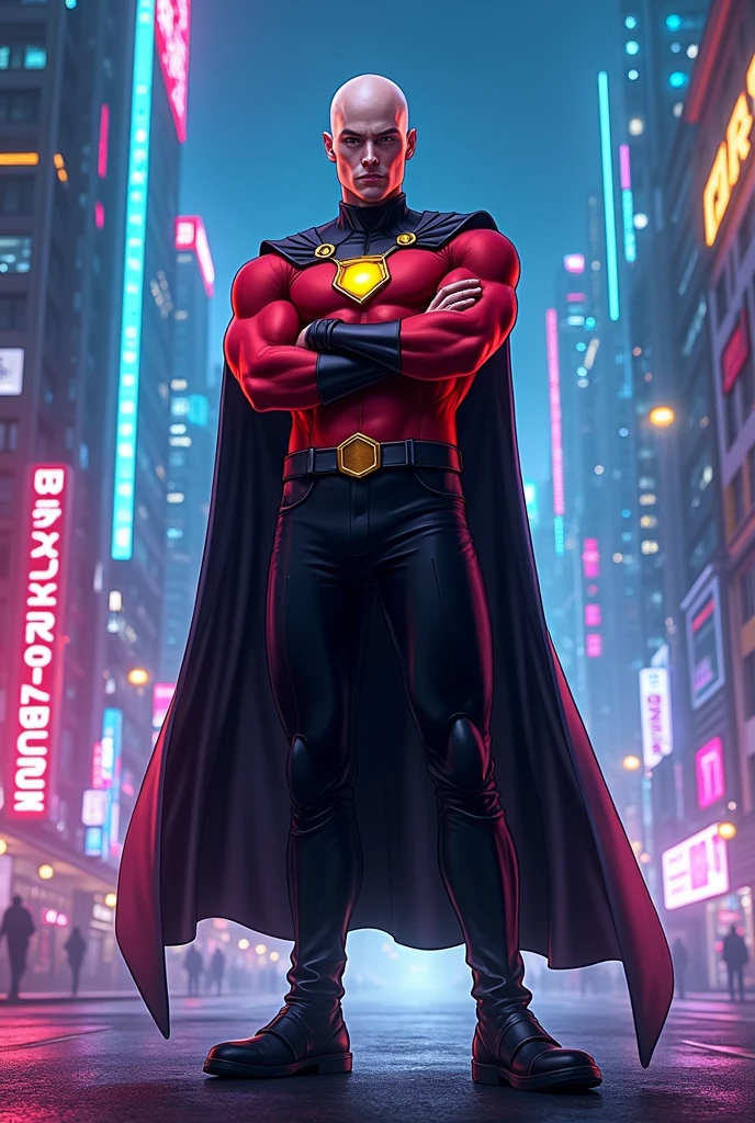 Saitama stood in a relaxed pose, Arms folded across his chest, against the backdrop of a magnificent futuristic city at night., He was adorned with colorful neon lights. He wore a black superhero cape with a golden emblem on his chest., and matching black pants and shoes