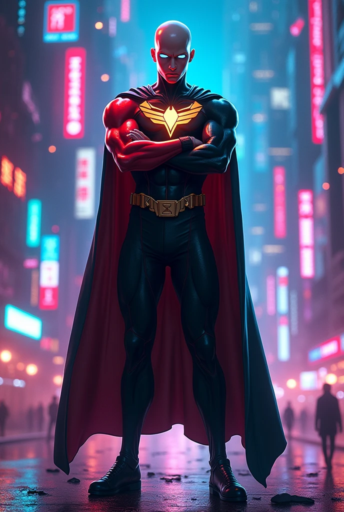 Saitama stood in a relaxed pose, Arms folded across his chest, against the backdrop of a magnificent futuristic city at night., He was adorned with colorful neon lights. He wore a black superhero cape with a golden emblem on his chest., and matching black pants and shoes