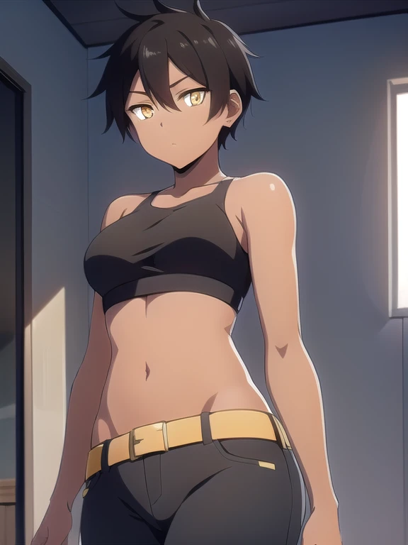 1girl, solo, 26 years old, tomboy, short hair, brown hair, (yellow eyes:1.5), tan-bronze skin, tan-skinned female, athletic figure, medium breasts BREAK opened blue jacket, black strapless top, (midriff), belt, shiny black leather pants BREAK looking at viewer, BREAK indoors, BREAK (masterpiece:1.2), best quality, high resolution, unity 8k wallpaper, (illustration:0.8), (beautiful detailed eyes:1.6), extremely detailed face, perfect lighting, extremely detailed CG, (perfect hands, perfect anatomy),