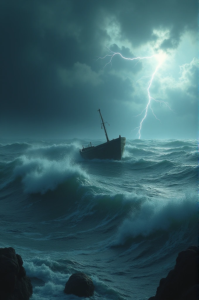 An expansive view of a stormy ocean with dark, tumultuous clouds overhead. In the middle of the sea, a small, weathered boat is visible, tossed by the high waves. The sky is a mix of dark gray and deep blue, with streaks of lightning in the distance. The overall atmosphere is intense and foreboding, emphasizing the danger and drama of the scene.