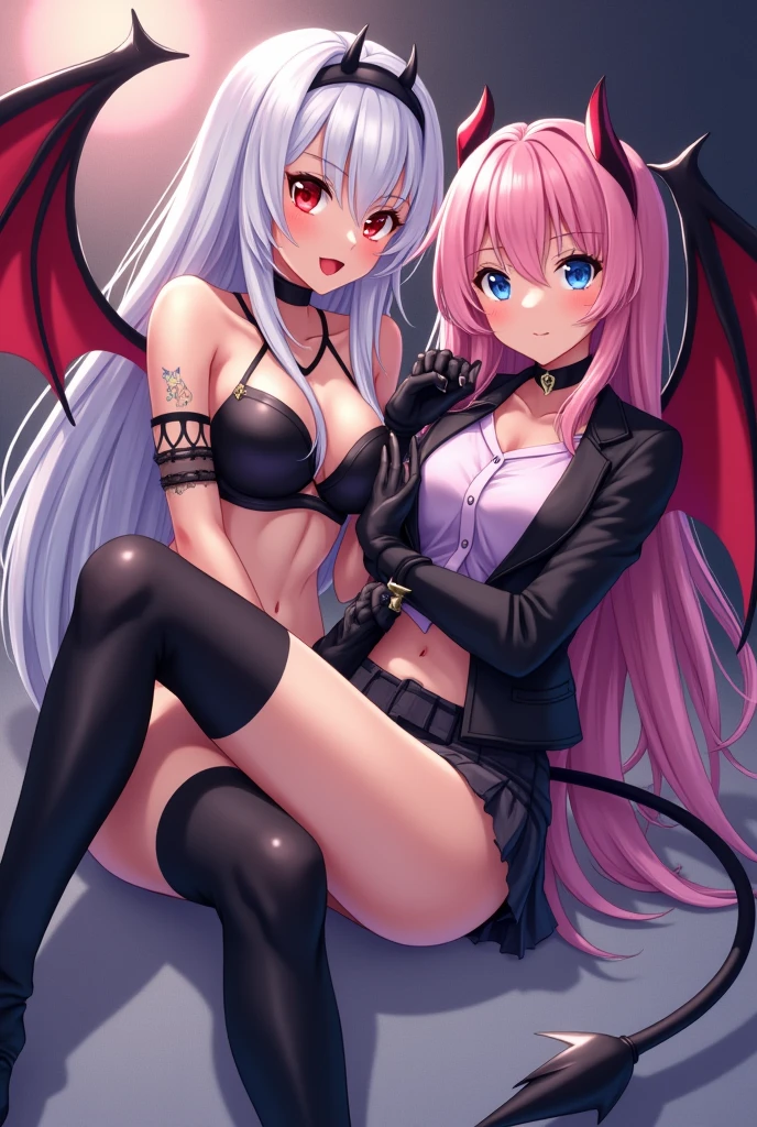 "In a striking 2D anime-style scene, the succubus with long, straight white hair and the pink-haired action anime girl are posed together. The succubus reclines with a relaxed yet commanding posture, wearing a revealing bikini, thigh-high boots, and long gloves, complemented by her bat wings and devil tail. Her red eyes are intense, and her tongue is playfully sticking out. She and the pink-haired girl are holding hands, pushing against each other in a dynamic pose. The pink-haired girl, with her long, flowing hair and striking blue eyes, is dressed in a sleek, form-fitting blazer-style school uniform, with a short skirt and thigh-high socks. Her playful, confident smile contrasts with the succubus's more sinister charm.
The scene blends their contrasting styles, with the background featuring a dreamlike, mystical quality that highlights their combined energy and allure."