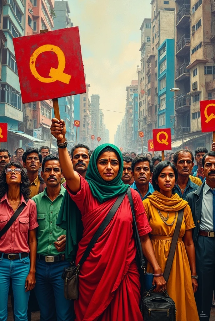 A colourful and creative art about quota protest in Bangladesh.(Must include both male and female characters)