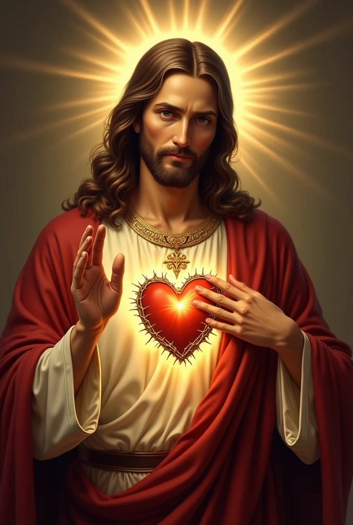 In this sacred image, Jesus Christ is portrayed with a tender and loving expression. Their head is usually moderately inclined and their eyes forward exude compassion and serenity. He is depicted with his right hand raised in victory and his left hand placed over his heart. (hands with five fingers)
The Sacred Heart itself is central to the image, visible prominently on Jesus' chest. It is often shown as a realistic, flaming heart surrounded by a crown of thorns. The flames are depicted as extended and intense, symbolizing Christ's fervent love and divine zeal. The crown of thorns that surrounds the heart signifies Jesus' suffering and sacrifice, as well as the redemption offered through his pain.
Jesus is typically dressed in a robe, which is often depicted in deep, rich colors such as red or white, symbolizing purity and sacrifice. The robe is often adorned with a sash or cord, adding to the overall majestic appearance. The background of the image may vary, but is commonly depicted with a soft, glowing light or radiant aura that emphasizes the sacredness of the scene.
Additional elements may include the depiction of rays of light emanating from the Sacred Heart, symbolizing divine grace and love extending to all humanity. The image can also be framed by various religious symbols or inscriptions, often conveying messages of faith, hope and love.
Overall, the Sacred Heart of Jesus is a powerful and evocative image, rich in the religious and imbued with deep spiritual meaning.