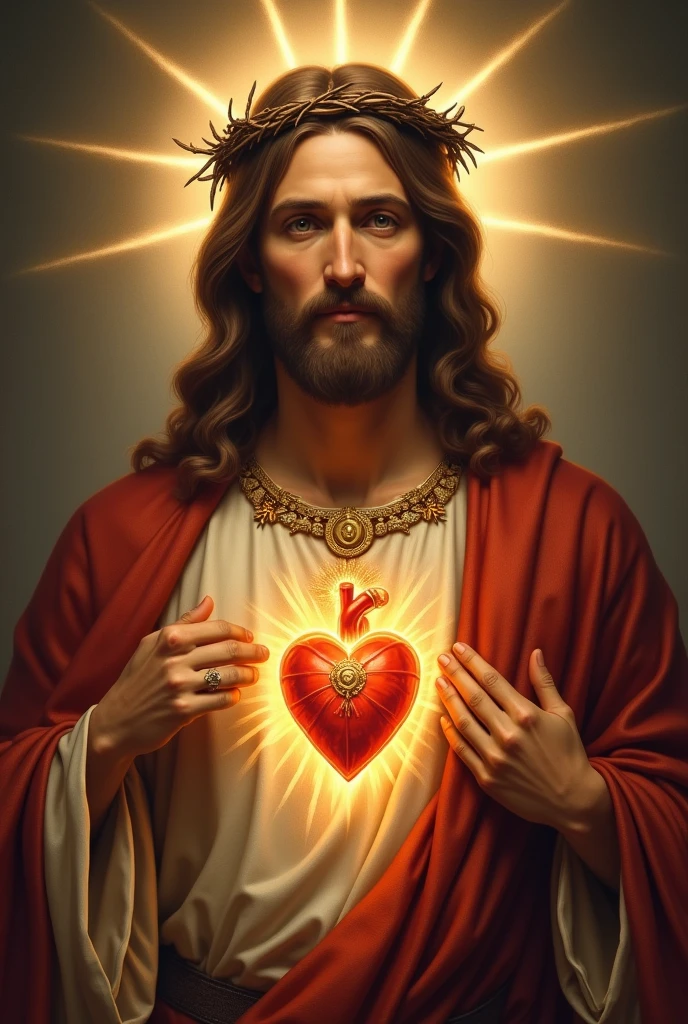 In this sacred image, Jesus Christ is portrayed with a tender and loving expression. Their head is usually moderately inclined and their eyes forward exude compassion and serenity. He is depicted with his right hand raised in victory and his left hand placed over his heart. (hands with five fingers)
The Sacred Heart itself is central to the image, visible prominently on Jesus' chest. It is often shown as a realistic, flaming heart surrounded by a crown of thorns. The flames are depicted as extended and intense, symbolizing Christ's fervent love and divine zeal. The crown of thorns that surrounds the heart signifies Jesus' suffering and sacrifice, as well as the redemption offered through his pain.
Jesus is typically dressed in a robe, which is often depicted in deep, rich colors such as red or white, symbolizing purity and sacrifice. The robe is often adorned with a sash or cord, adding to the overall majestic appearance. The background of the image may vary, but is commonly depicted with a soft, glowing light or radiant aura that emphasizes the sacredness of the scene.
Additional elements may include the depiction of rays of light emanating from the Sacred Heart, symbolizing divine grace and love extending to all humanity. The image can also be framed by various religious symbols or inscriptions, often conveying messages of faith, hope and love.
Overall, the Sacred Heart of Jesus is a powerful and evocative image, rich in the religious and imbued with deep spiritual meaning.
