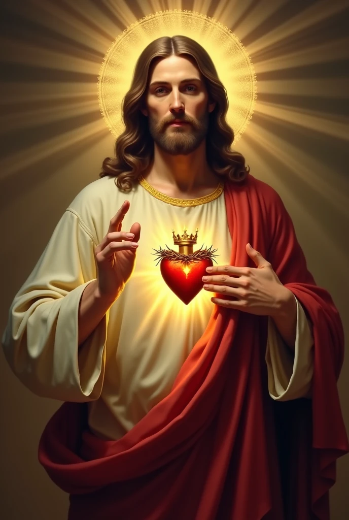 In this sacred image, Jesus Christ is portrayed with a tender and loving expression. Their head is usually moderately inclined and their eyes forward exude compassion and serenity. He is depicted with his right hand raised in victory and his left hand placed over his heart. (hands with five fingers)
The Sacred Heart itself is central to the image, visible prominently on Jesus' chest. It is often shown as a realistic, flaming heart surrounded by a crown of thorns. The flames are depicted as extended and intense, symbolizing Christ's fervent love and divine zeal. The crown of thorns that surrounds the heart signifies Jesus' suffering and sacrifice, as well as the redemption offered through his pain.
Jesus is typically dressed in a robe, which is often depicted in deep, rich colors such as red or white, symbolizing purity and sacrifice. The robe is often adorned with a sash or cord, adding to the overall majestic appearance. The background of the image may vary, but is commonly depicted with a soft, glowing light or radiant aura that emphasizes the sacredness of the scene.
Additional elements may include the depiction of rays of light emanating from the Sacred Heart, symbolizing divine grace and love extending to all humanity. The image can also be framed by various religious symbols or inscriptions, often conveying messages of faith, hope and love.
Overall, the Sacred Heart of Jesus is a powerful and evocative image, rich in the religious and imbued with deep spiritual meaning.
