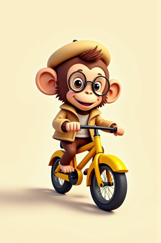 I want an illustration of a cartoon monkey riding a bike. The monkey should have a cute and friendly style, With dark brown fur. He wears a light brown beret., and large round glasses that cover a good part of its face. The monkey also wears a jacket the same shade as the hat and brown pants. The bike is bright yellow with black details, like the wheels and handlebars. The background should be simple, of a light beige or similar color, to highlight the figure of the monkey on the bicycle v that drives on the right side