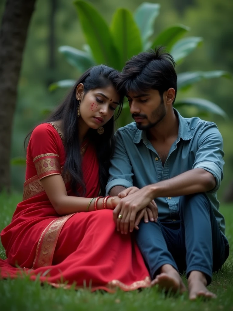 A 22 year old Indian girl is wearing her red saree and she is crying and her boyfriend is also with her both are sitting in a garden