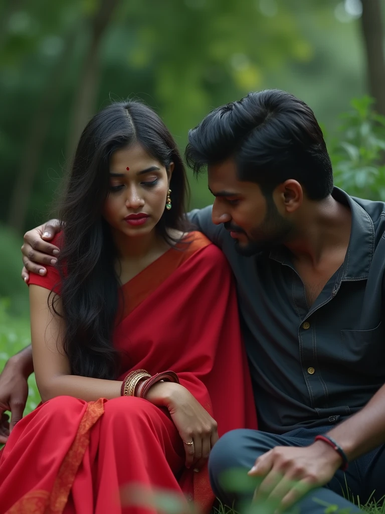 A 22 year old Indian girl is wearing her red saree and she is crying and her boyfriend is also with her both are sitting in a garden