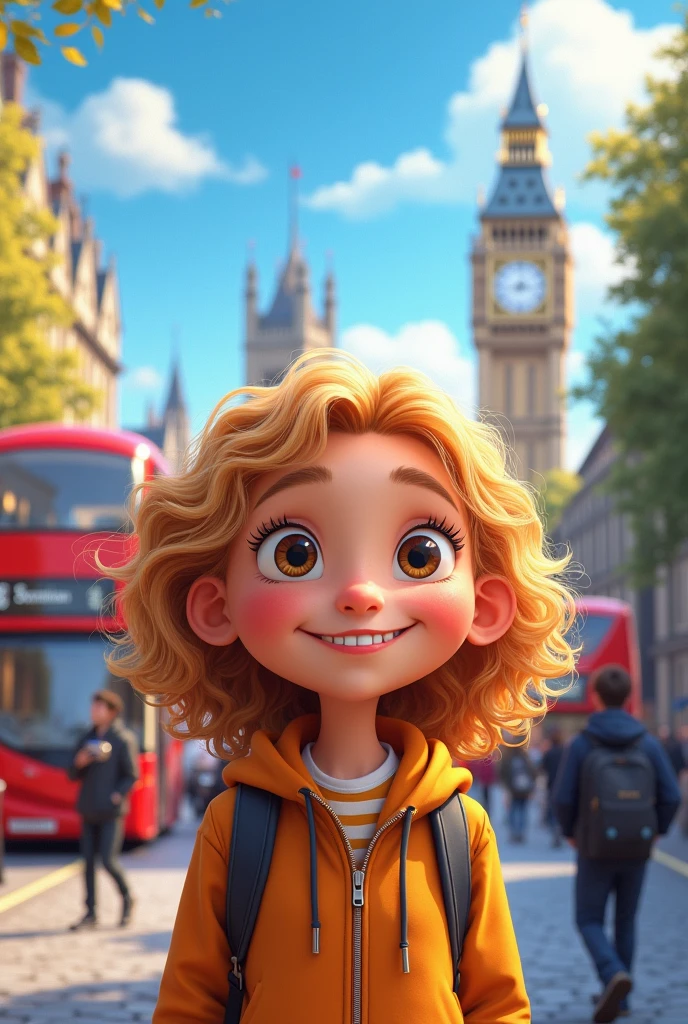 Pixar-style: blonde curly-haired white girl doing an exchange program in London