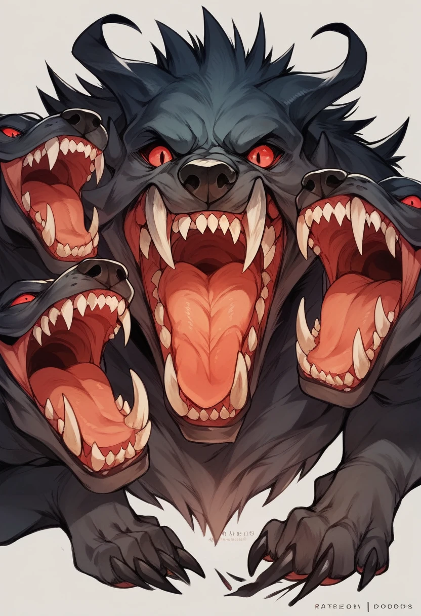 open mouth, red eyes, teeth, no human, copyright owner name, glowing, fangs, watermark, sharp teeth, claws, monster, mythical creature, animal dog, giant dog with three heads,