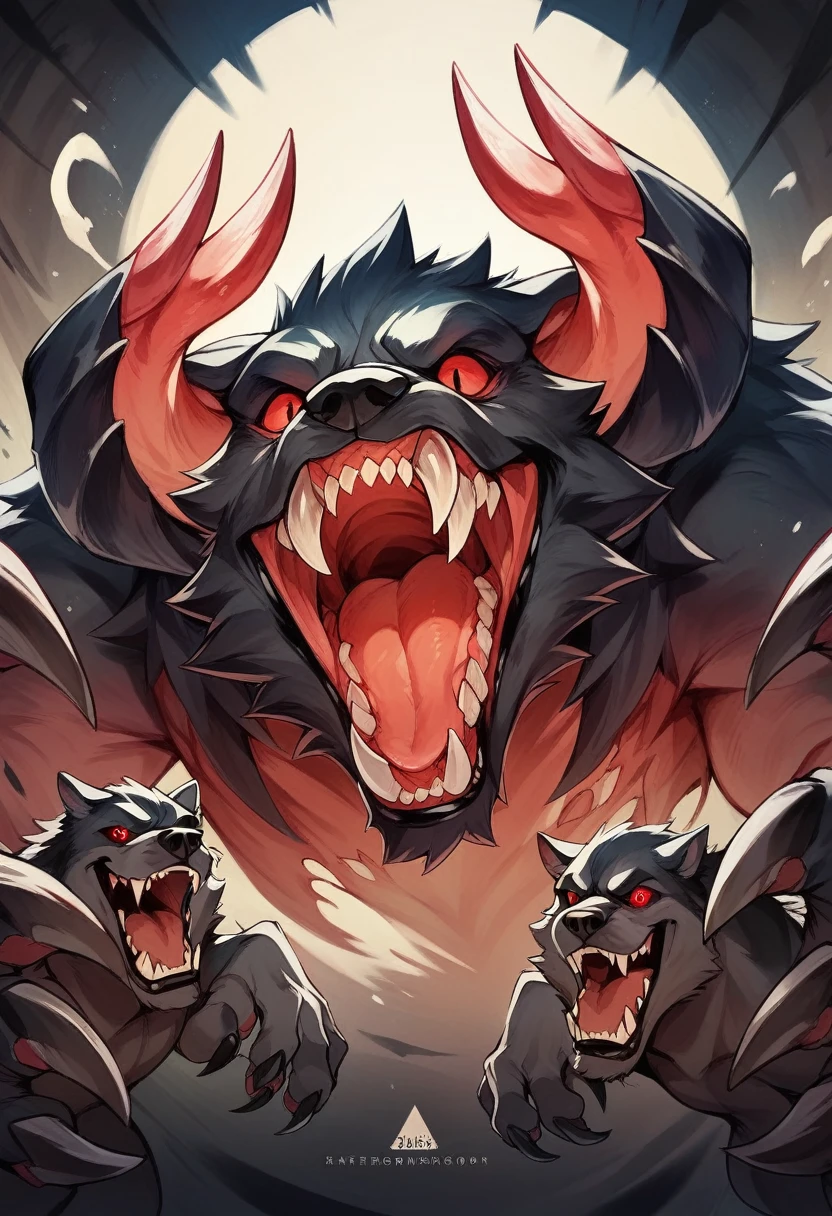 open mouth, red eyes, teeth, no human, copyright owner name, glowing, fangs, watermark, sharp teeth, claws, monster, mythical creature, animal dog, giant dog with three heads,