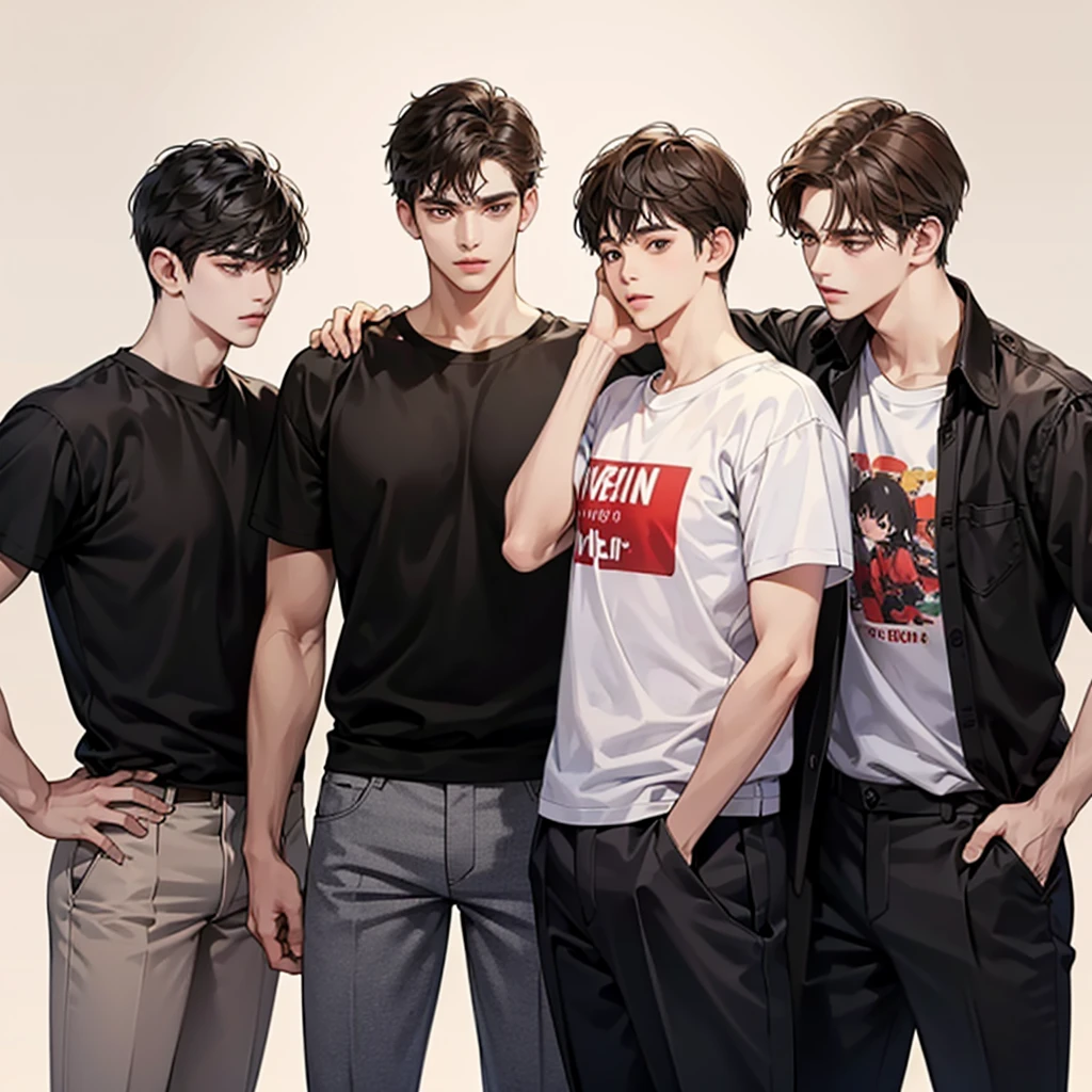 Four boys, black hair, brown eyes, brown background, high resolution, brown hair, stand in a line.., Wear a t-shirt, shut your mouth, handsome, cool,มองตรง,หุบปาก, จริงจัง,