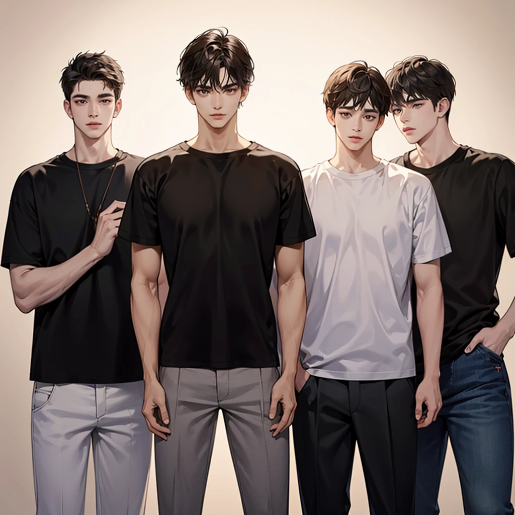 Four boys, black hair, brown eyes, brown background, high resolution, brown hair, stand in a line.., Wear a t-shirt, shut your mouth, handsome, cool,มองตรง,หุบปาก, จริงจัง,