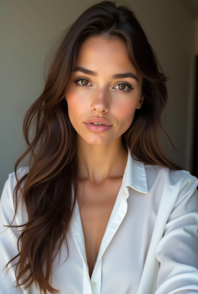 fille sexy aux yeux bruns, longs cheveux bruns et grands yeux, selfie d'une jeune femme, Yeux de chambre, violette myers, sans maquillage, maquillage naturel, Tournez-vous pour regarder la caméra, Visage avec Artgram, Maquillage subtil, Superbe photo du corps entier, chemisier blanc, 25 ans