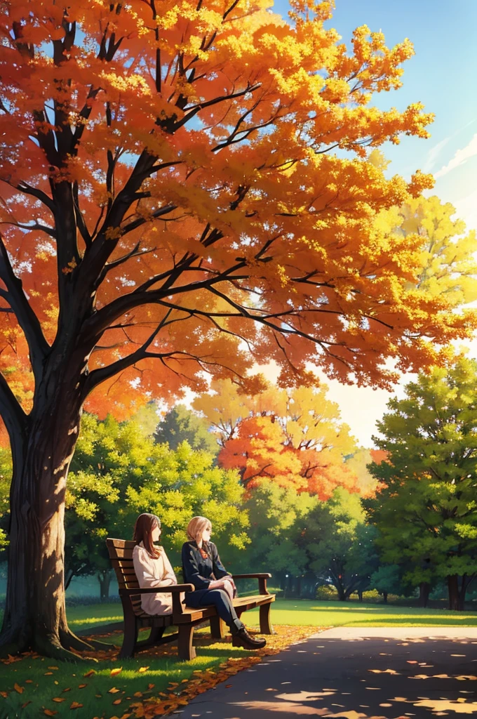 A peaceful autumn park at sunset with golden leaves scattered on the ground, an old oak tree with wide branches at the center, and a weathered wooden bench beneath it. The path winds gently around the tree, bathed in the warm glow of the fading sun, creating a serene and nostalgic atmosphere. The image captures a moment of quiet reflection, where love once bloomed and gently faded away.