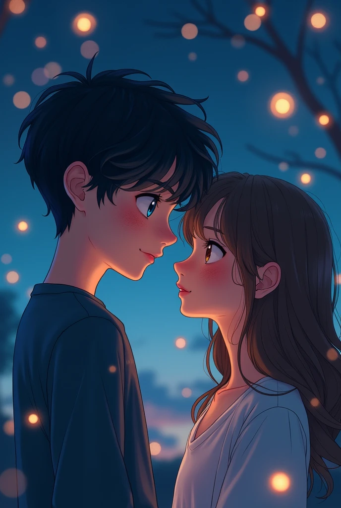 night background with floating lights. The boy has black hair, Blue-eyed, light skin and a few freckles that aren't very noticeable, stomach 1.80 and the girl has light brown hair, amber eyes, and she has a slight rosy hue on her cheeks. And that the boy is looking at the girl while she is distracted