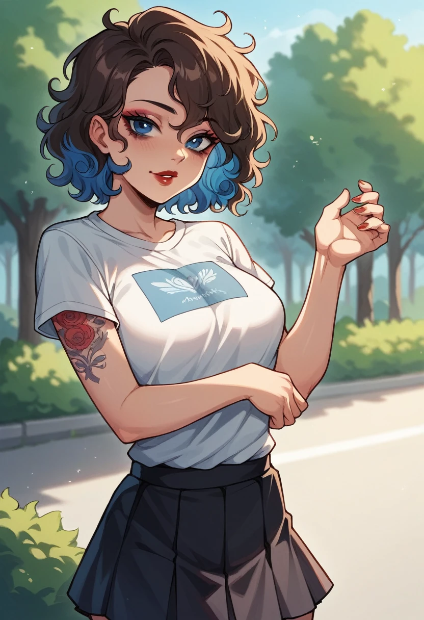 Anime style, 1women, lifting her skirt exposing ass, butt visible, ass visible , seductive expression, bright red lips, sexy tattoo on hand, neck and lap brunette, black and blue multi colored hair, short hair , wavy hair, messy hair, curly hair, black eye liner, blue eye shadows makeup, beautiful detailed blue eye, white t-shirts, black short flowy line skirt, sexy neckline, large neckline, standing in a park