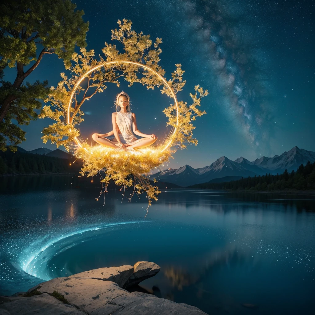This image depicts a serene and spiritually significant scene, conveying the essence of awakening and high-frequency energy. It features a person meditating beneath a cosmic tree, surrounded by a glowing aura of soft, vibrant colors. This aura serves as a protective energy shield, guarding the person against negative energies, depicted as dark shadows nearby.
The surrounding environment is a beautiful natural setting, with a gently flowing golden river that exudes a sense of calm. Crystals are placed nearby, and silver smoke drifts gently through the air. The background reveals a cosmic landscape, with distant mountains and a bright sky, symbolizing the harmony between the Earth and the universe. This connection reflects the balance between the mind and spirit, embodying a state of inner peace and unity.