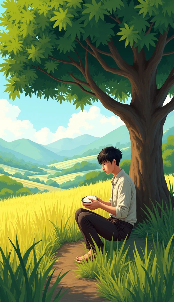 The farmer named Nam, 20 years old, was sitting under a large tree eating lunch.,He holds a bowl of rice
, the landscape of rice fields surrounds him. Hình 2d
