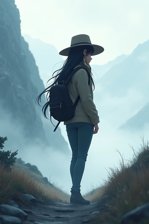 From front,masterpiece,HDR,illustration,Anime,bokeh,1 girl,black hair,big breasts,earring,jacket,long pants,safari hat,backpack,She looks up,She grabs the shoulder straps of her backpack,White thick fog,The whole area is covered with white fog,morning mist,mountain trail