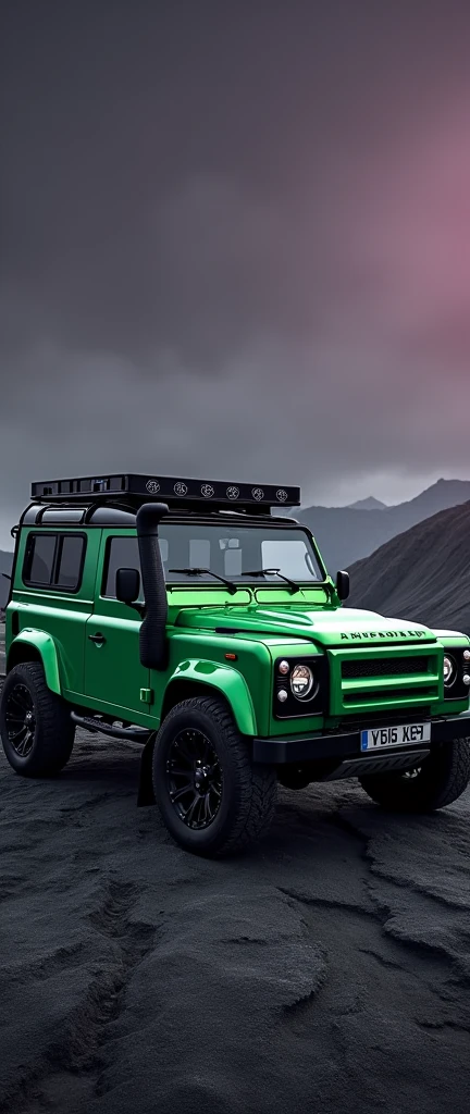 Brand new ((full option)(land rover defender 110)) in greenish colour and (ceramic coating help shining body) with defender roof carrier and side ladder. Diamond cut alloy wheels at (minimum ground clearance). Dark violet sky and dark grey soil.