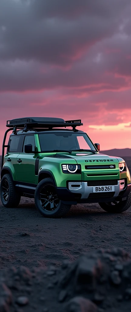 Brand new ((full option)(land rover defender 110)) in greenish colour and (ceramic coating help shining body) with defender roof carrier and side ladder. Diamond cut alloy wheels at (minimum ground clearance). Dark violet sky and dark grey soil. 