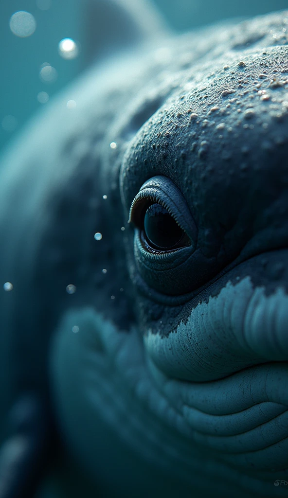 A close-up of a whale's eye, modern day, underwater, one eye open while the other side of its face is in shadow, surrounded by small bubbles, extreme close-up, hyper-realistic, photo realism, cinematography --ar 9:16