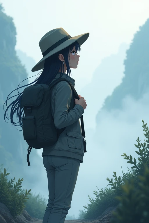 From front,masterpiece,HDR,illustration,Anime,bokeh,1 girl,black hair,big breasts,earring,jacket,long pants,safari hat,backpack,She looks up,She grabs the shoulder straps of her backpack,White thick fog,The whole area is covered with white fog,morning mist,mountain trail