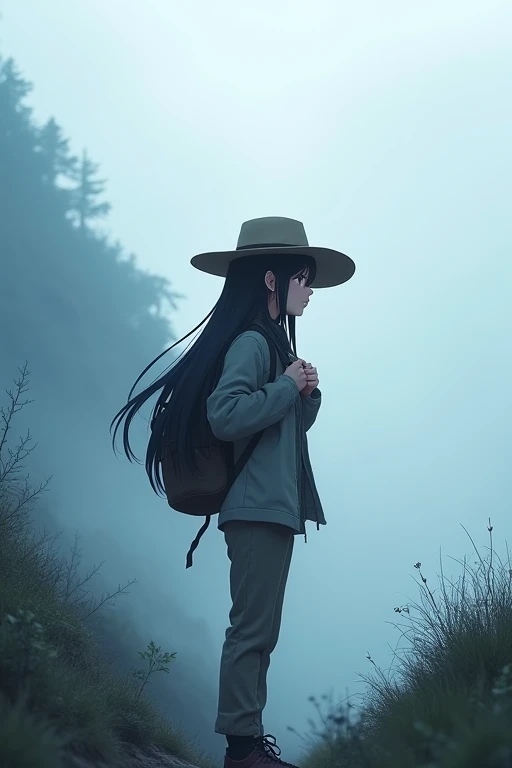 From front,masterpiece,HDR,illustration,Anime,bokeh,1 girl,black hair,big breasts,earring,jacket,long pants,safari hat,backpack,She looks up,She grabs the shoulder straps of her backpack,White thick fog,The whole area is covered with white fog,morning mist,mountain trail