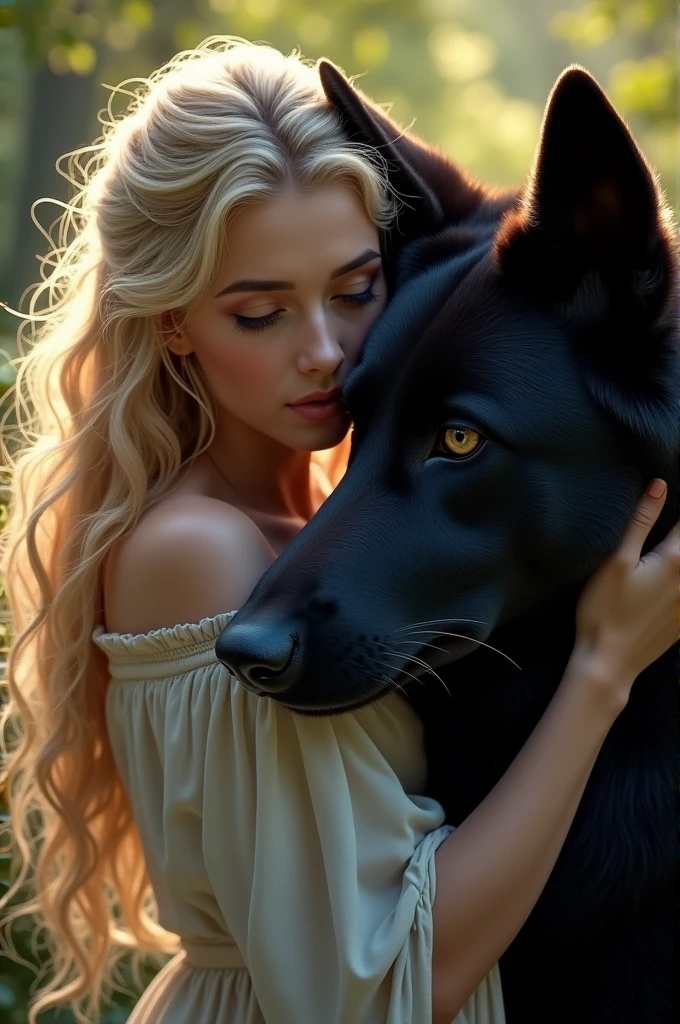 Une femme blonde qui sert amoureusement un loup noir