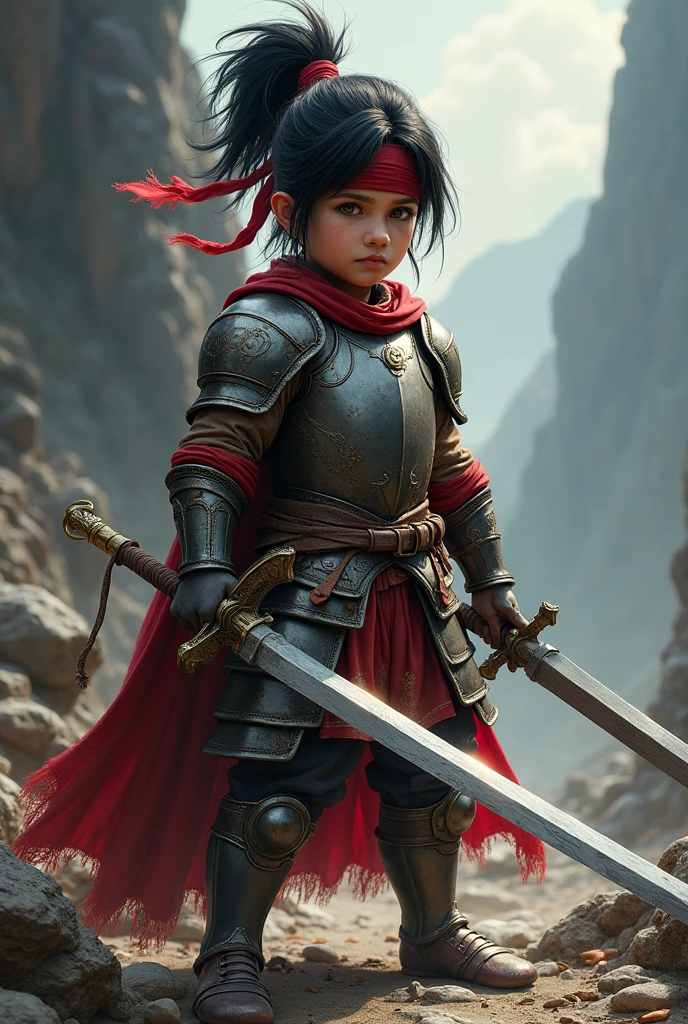 Short, black-haired Warrior , wearing a light plate breastplate , with a red headband , holding a two-handed sword .