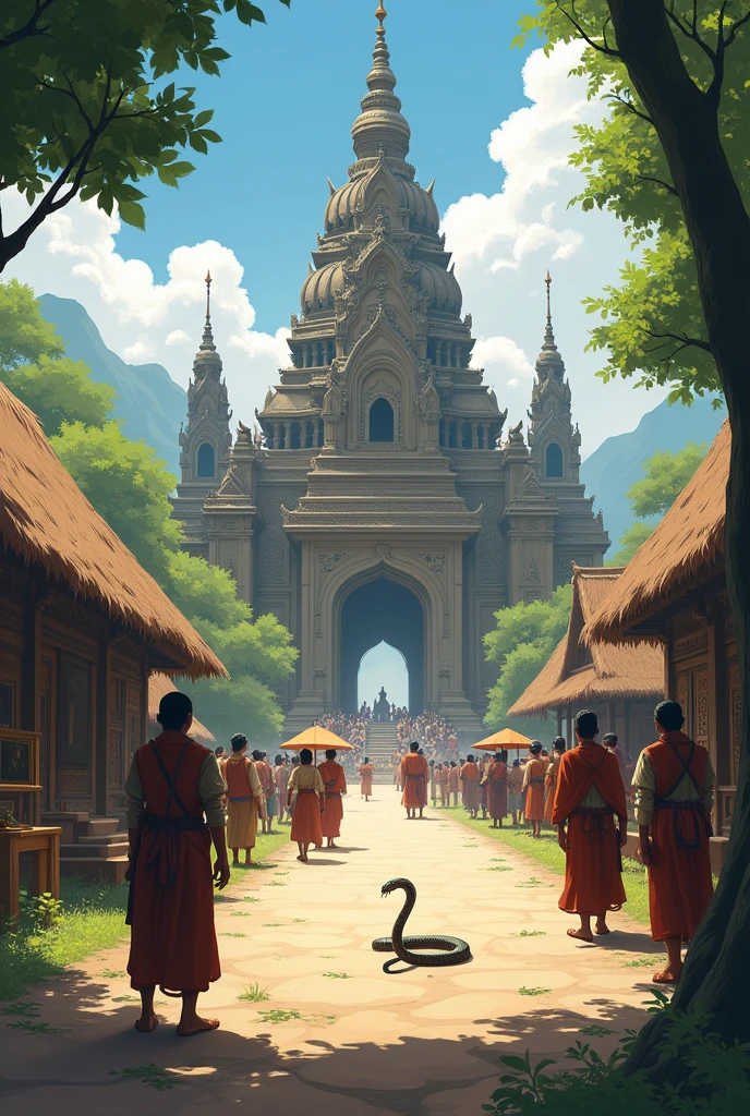 Muja saw that the small snake was going towards the village temple, where many people were worshiping.