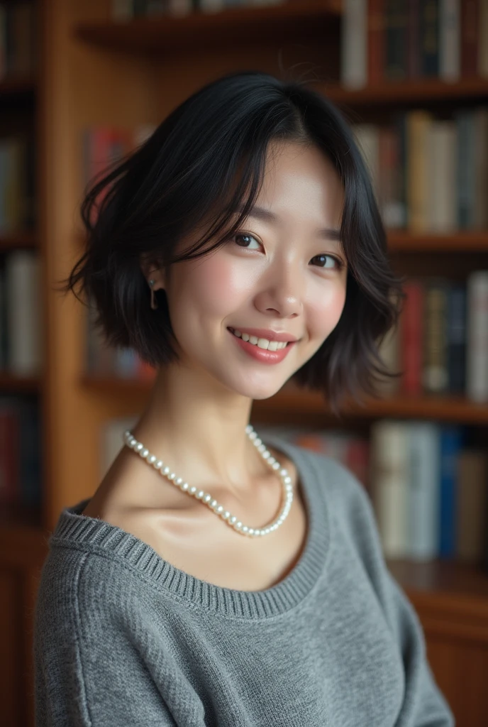 (highest quality, 8k, 32k, masterpiece, Ultra-high resolution:1.2),Beautiful Japanese Women Photos, (D cup breasts:1.4), Very short bob hair,Upper Body,Face Focus,(Grey sweater:1.5),(Pearl Necklace:1.4), (Large library bookshelf in the background:1.3), (smile:1.5), View your audience, (((naked)))