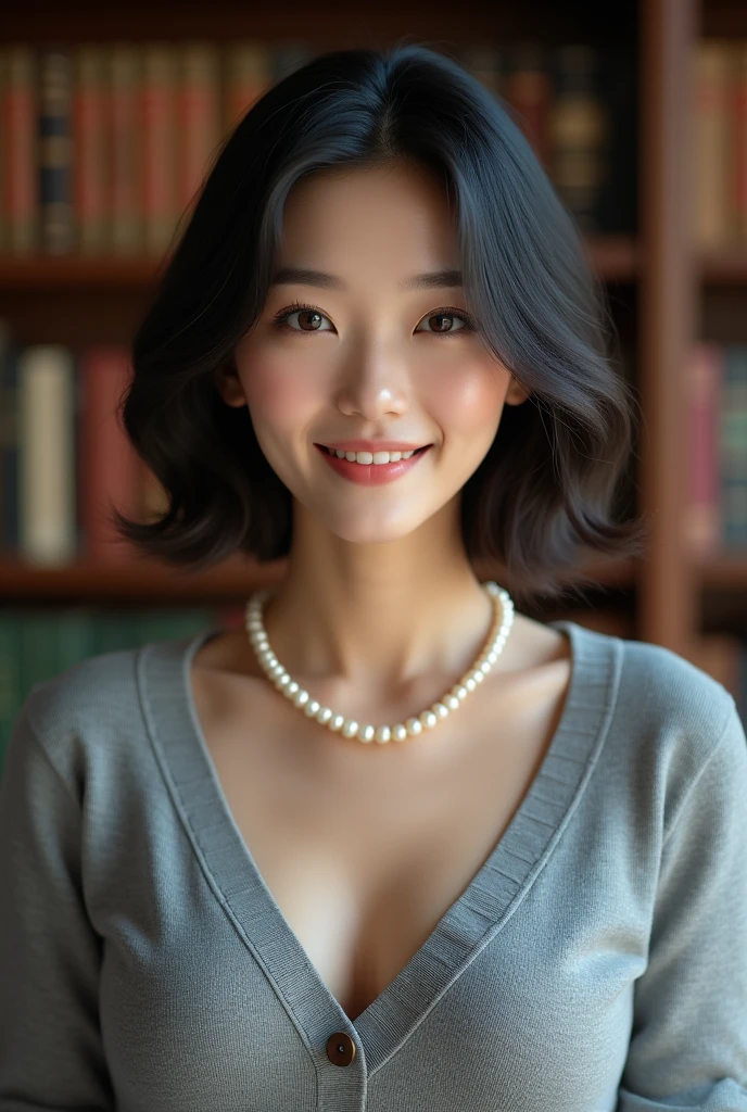 (highest quality, 8k, 32k, masterpiece, Ultra-high resolution:1.2),Beautiful Japanese Women Photos, （D cup breasts:1.4), Very short bob hair,Upper Body,Face Focus,（Grey sweater：1.5）,（Pearl Necklace:1.4), （Large library bookshelf in the background:1.3), （smile:1.5）, View your audience, (((naked)))
