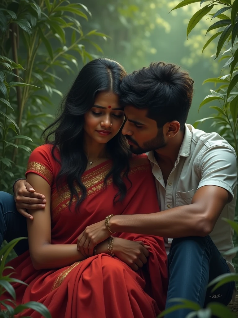 A 22 year old Indian girl is wearing her red saree and she is crying and her boyfriend is also with her both are sitting in a garden