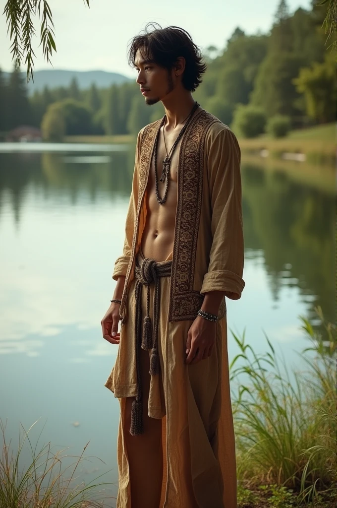 Boho photography of a tall man in front of a lake