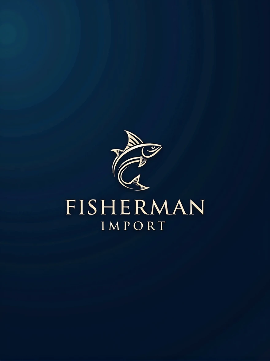 create for me a logo where the name is FISHERMAN IMPORT in blue colors, new design log something standard vip, We operate with fish imports